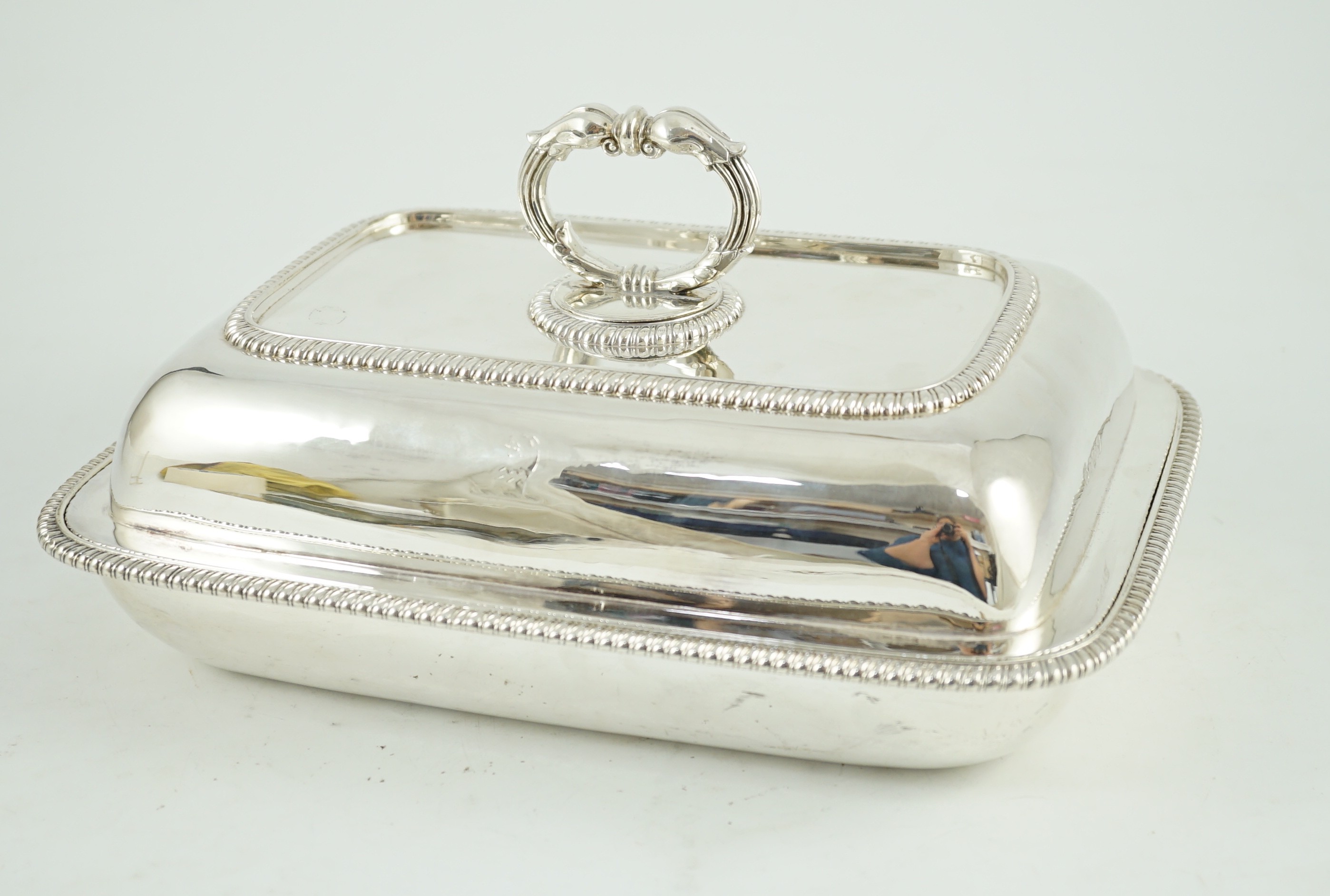 A George III silver shaped rectangular tureen, cover and handle